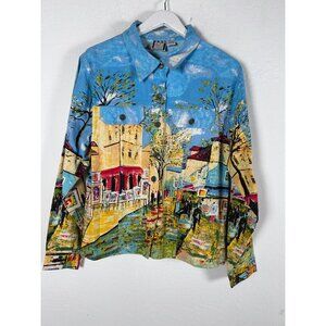 Take Two Clothing Womens Cafe Print Shirt Jacket Large Multicolor Pockets NWOT